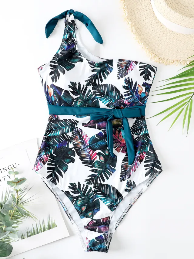 New Triangle One Shoulder Swimsuit Green Leaves Green - Shop at LoveMi