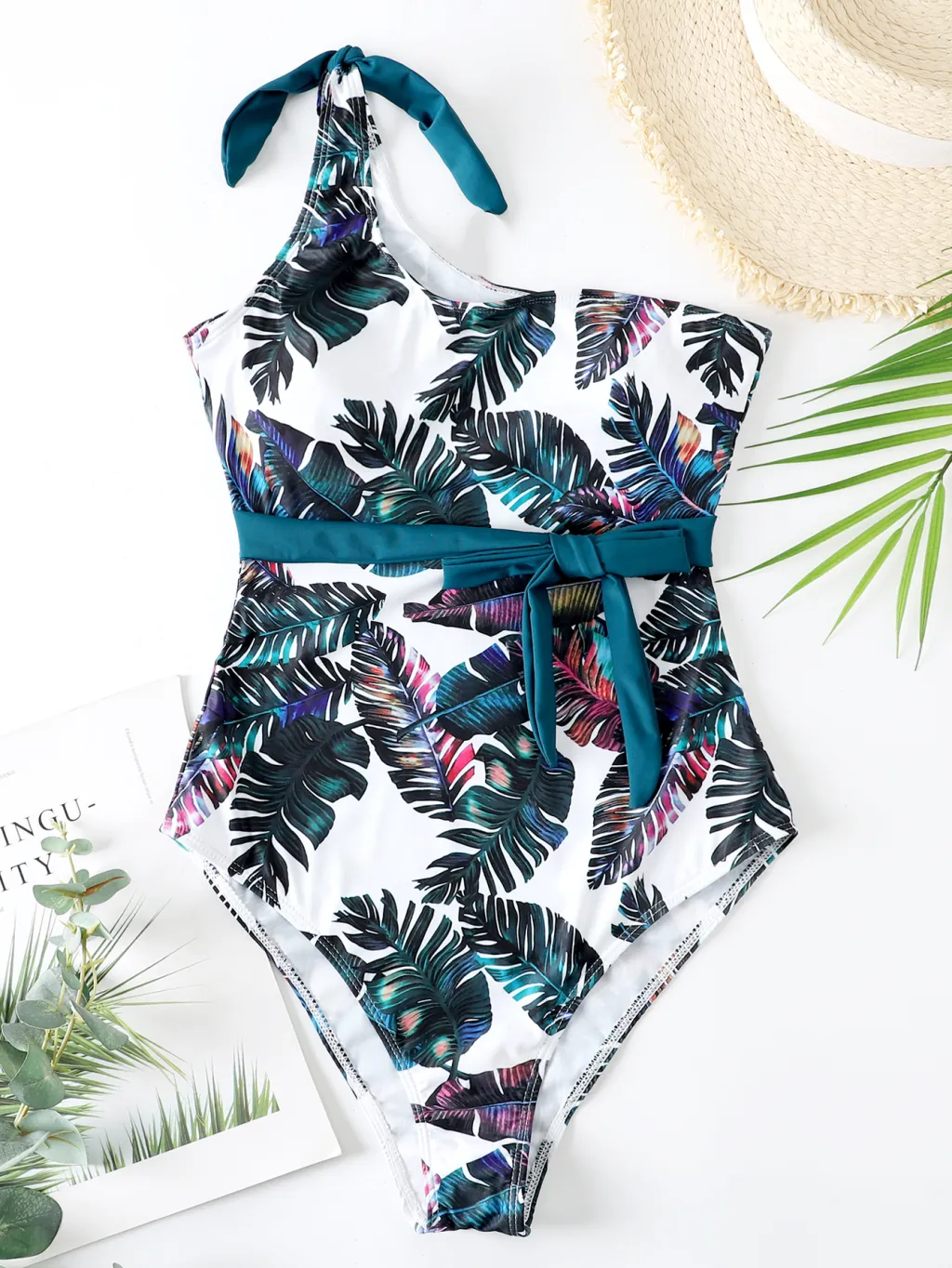 New Triangle One Shoulder Swimsuit Green Leaves - Green