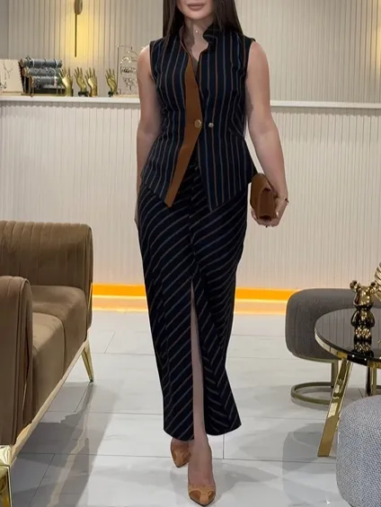 Striped Stand up Collar Vest & Front Slit Skirt Suit Striped - Shop at LoveMi