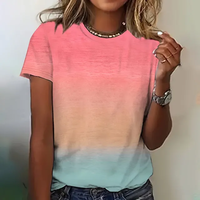 Women's Gradient Color Crew Neck T Shirt Short Sleeve Casual Top Multicolor - Shop at LoveMi