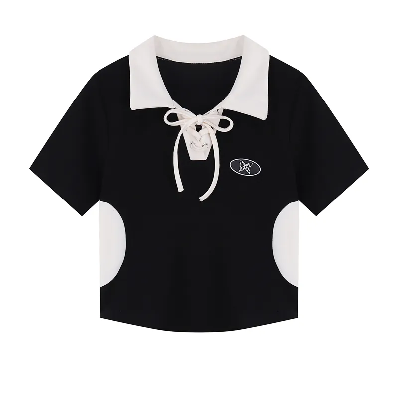 Design Sense Niche Polo Neck Lace Up Short Sleeve - Water Blue