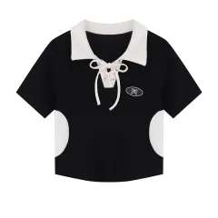 Design Sense Niche Polo Neck Lace Up Short Sleeve - Water Blue - View 1