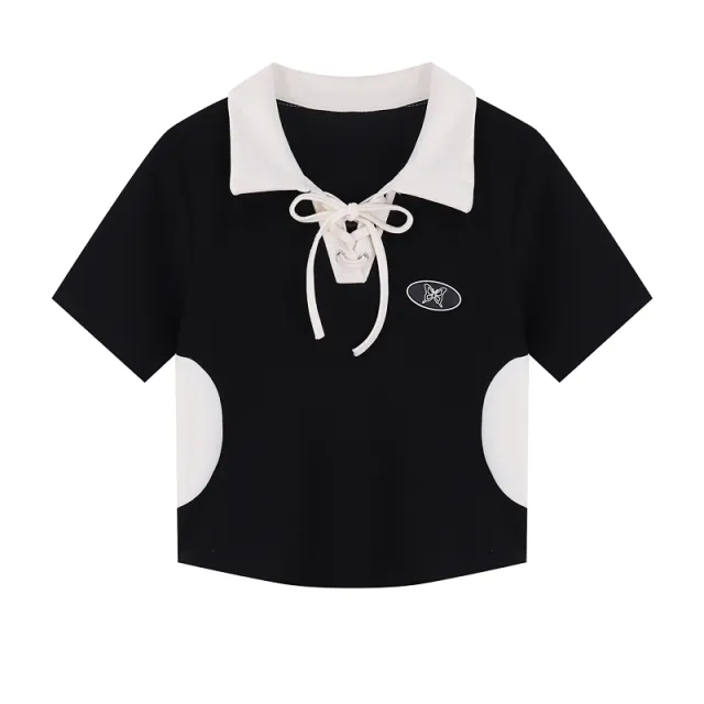 Design Sense Niche Polo Neck Lace Up Short Sleeve Water Blue - Shop at LoveMi