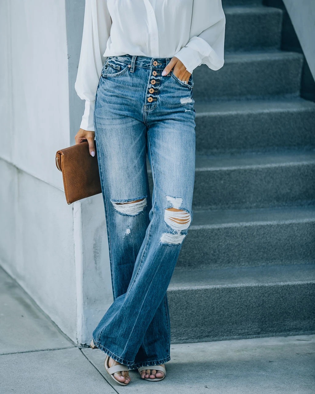 Street Trendsetter Washes Broken Hole Single Breasted Jeans Wide Leg Pants Navy - Shop at LoveMi
