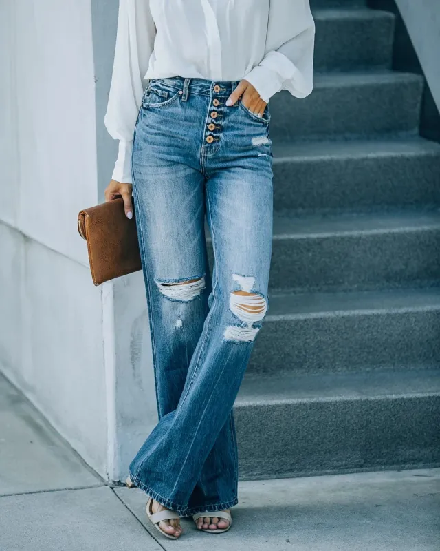 Street Trendsetter Washes Broken Hole Single Breasted Jeans Wide Leg Pants Blue - Shop at LoveMi
