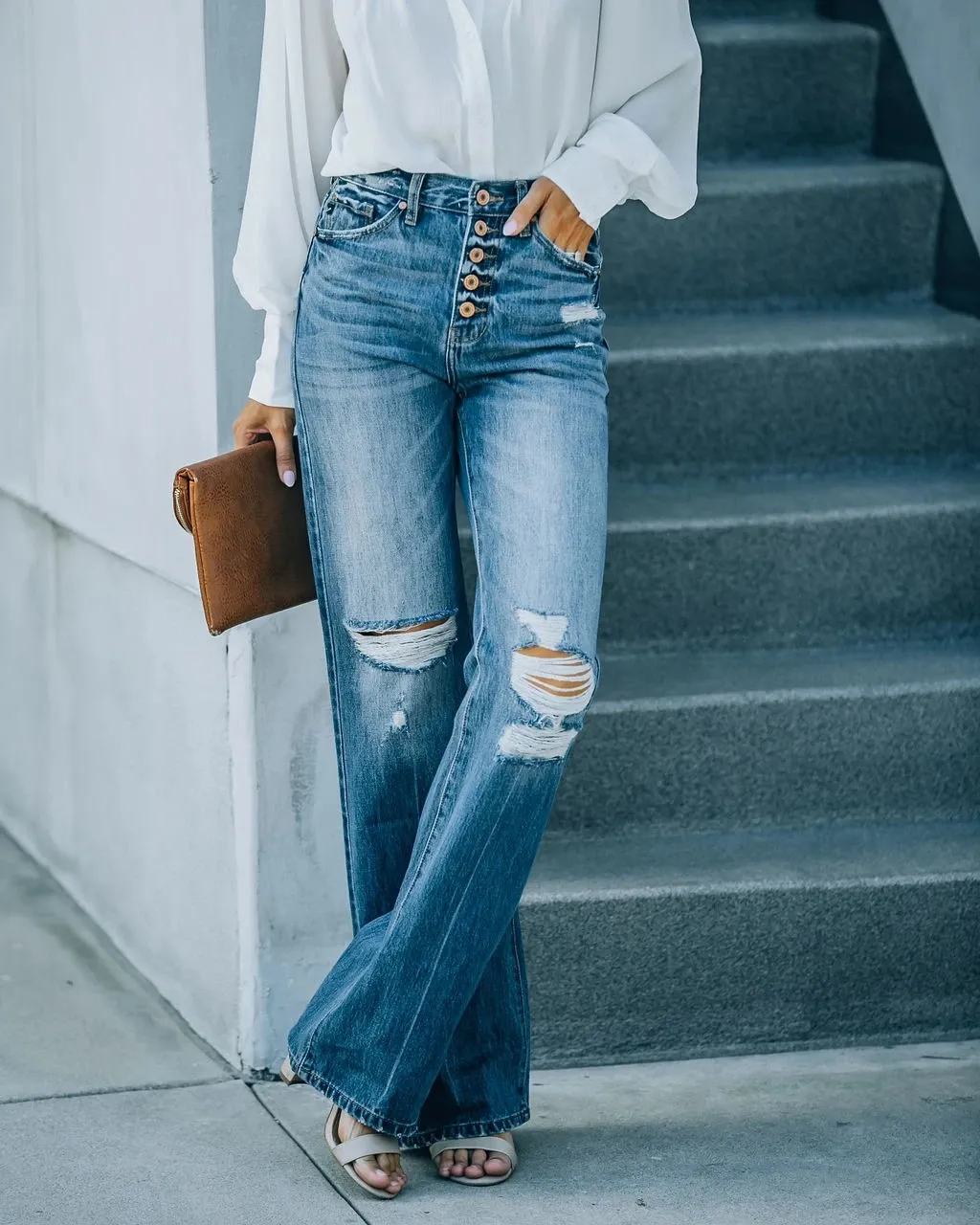 Street Trendsetter Washes Broken Hole Single Breasted Jeans Wide Leg Pants - Blue
