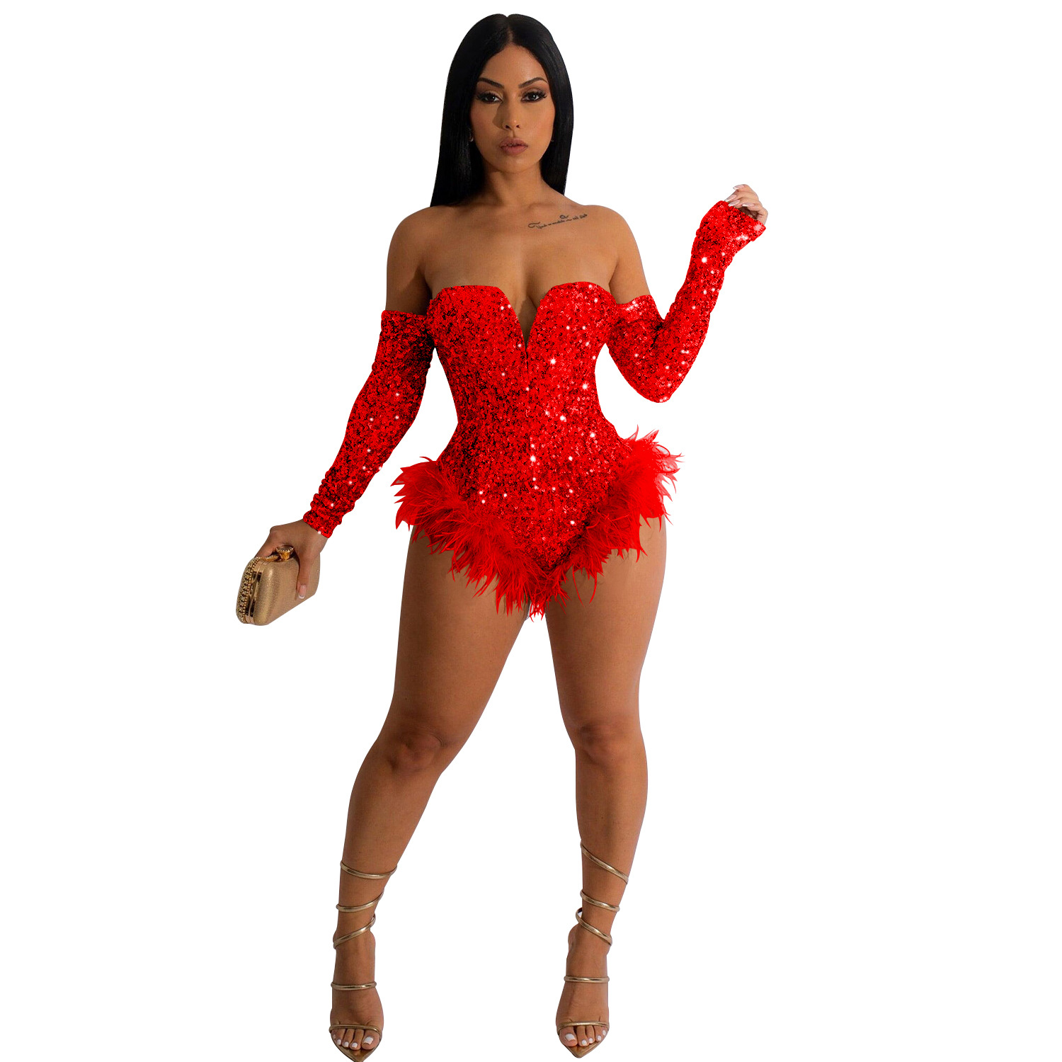 Women’s Solid Color Beaded Long Sleeved Shorts Jumpsuit
