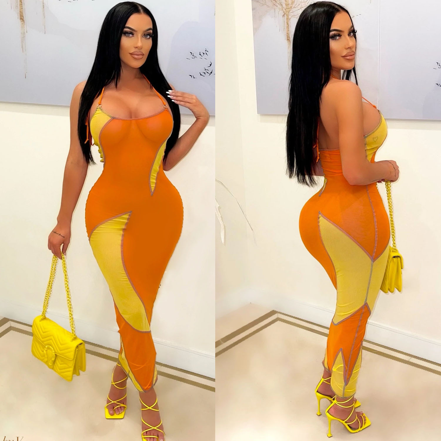 Women's Fashion Mesh See-Through Colorblock Dress