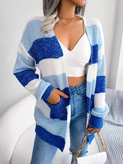 Plaid Sweater Women Casual Lantern Sleeves Cardigan Jacket Outerwear Clothes - Blue - View 1