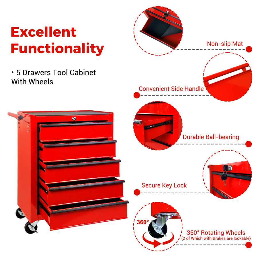 Rolling Metal Tool Chest With 5 Drawers, 20inch 5-Drawer Tool Chest Cabinet With Ball Bearing Drawer Slides, Steel Tool Storage Box Organizer-RED