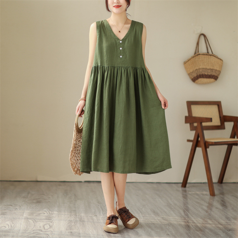 Japanese Cotton Linen V-neck Sleeveless Dress Women.