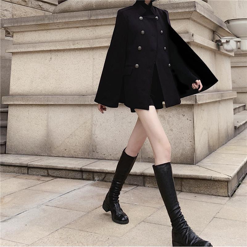 Black Cape Coat Versatile Loose Stand Collar Mid Length