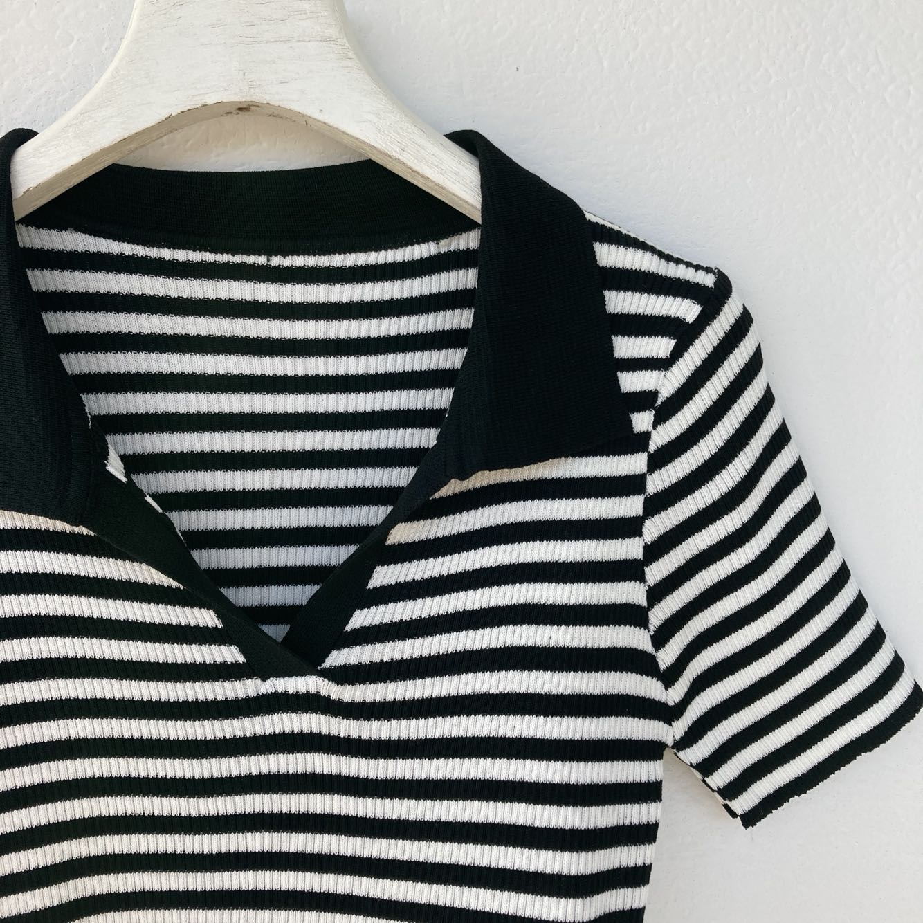 Striped Lapel Beaded Cool Summer Short Sleeved Knitted T Shirt