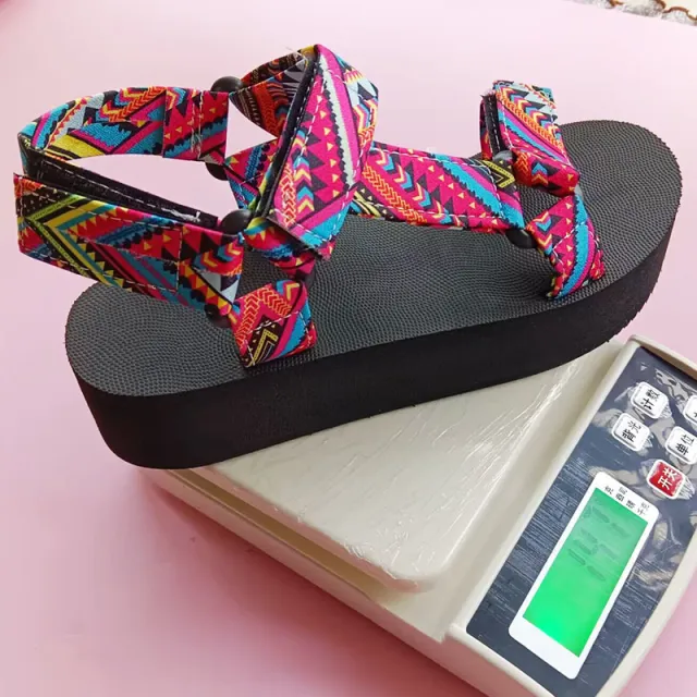 Printed Velcro design Sandals Summer Ethnic Style Thick Flat Sandals Women's Fashion Casual Beach Shoes Pink - Shop at LoveMi