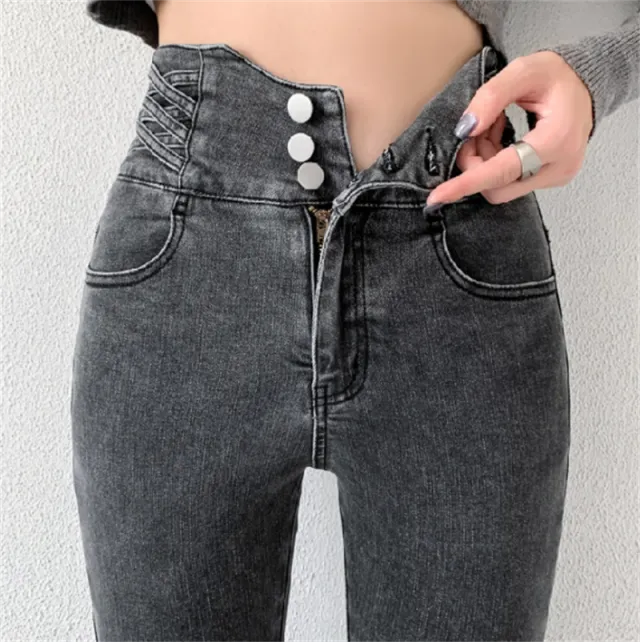 Tight High Waist And Small Feet Belly Women's Denim Trousers Grey - Shop at LoveMi