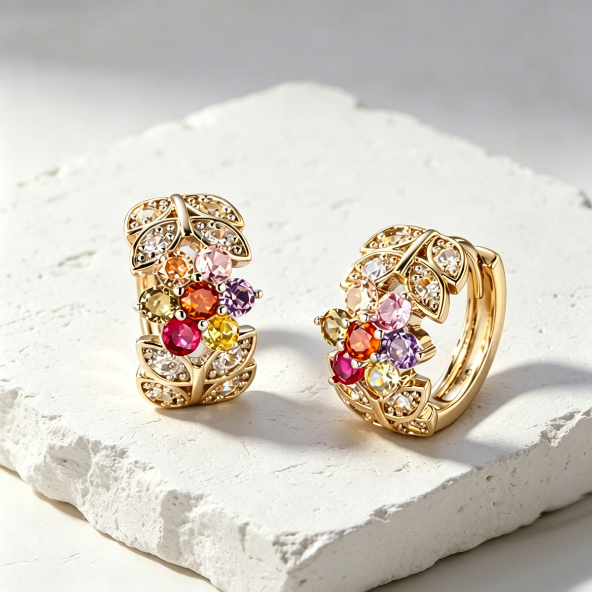 European American Cross-Border Light Luxury Earrings For Women, Geometric Leaf Stud Earrings Inlaid Multicolor Cubic Zirconia, Niche Elegant Daily Ear Jewelry
