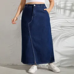 European And American Stitching Blue Slim Denim Long Skirt Women - Blue - View 1