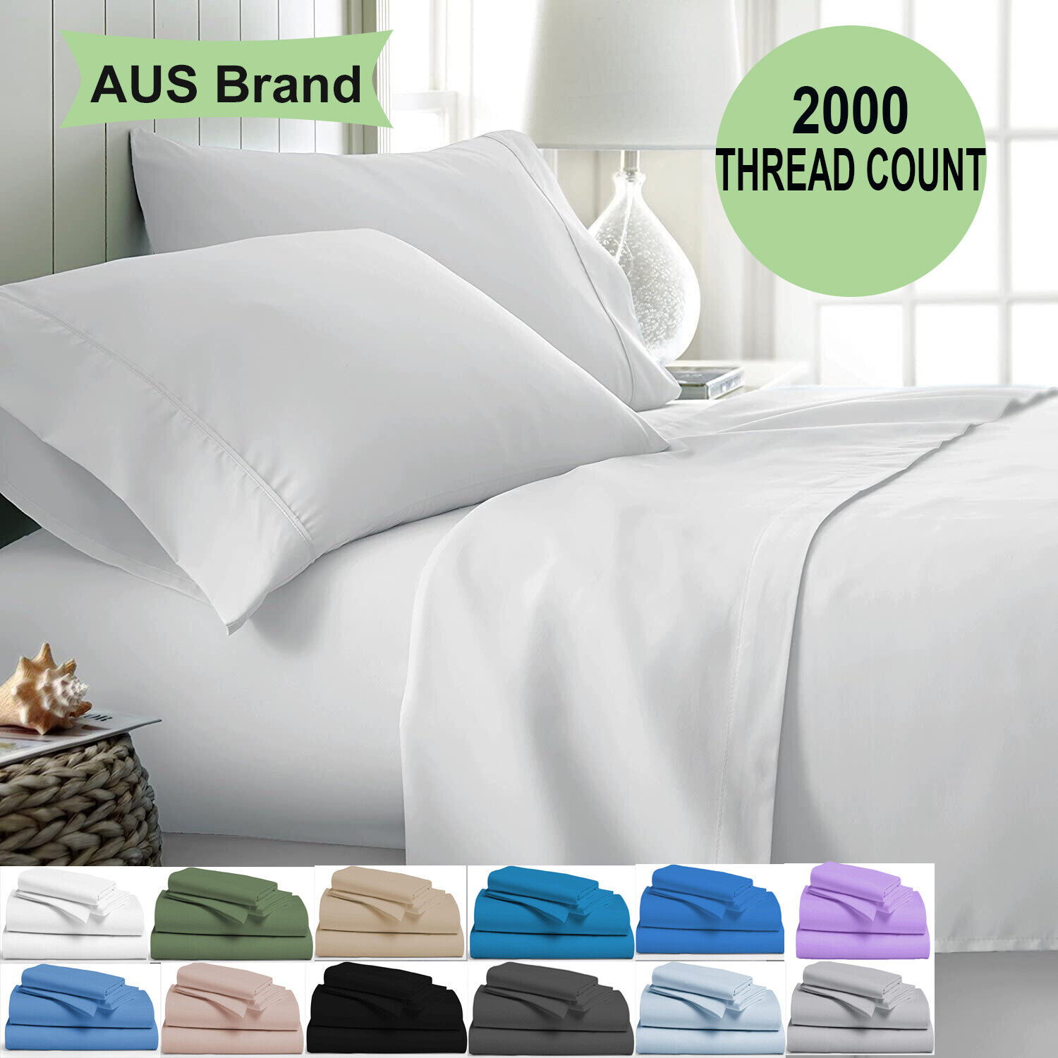 2000TC 4PCS Bed Sheet Set Single KS Double Queen King Flat Fitted Pillowcases-Ocean-Queen