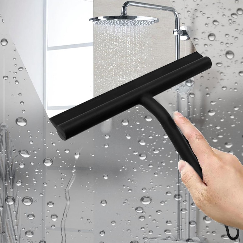 Silicone Shower Squeegee With Hook 8 Inch Window Glass Scraper Black Bathroom