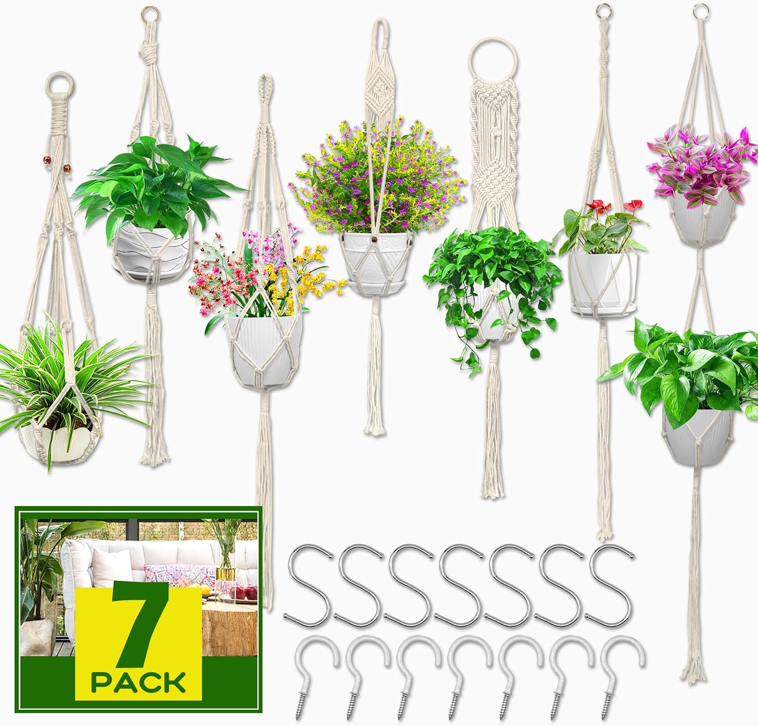 Macrame Plant Hangers 7 PCS, Boho Hanging Planter Holders For Indoor And Outdoor Home Decor