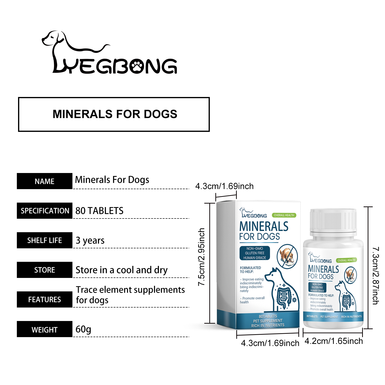 Dog Mineral Supplement Tablets, 80 Chewable Minerals Tablets For Pica, Appetite & Bone Health Support, Non-GMO Human Grade Pet Vitamins 9
