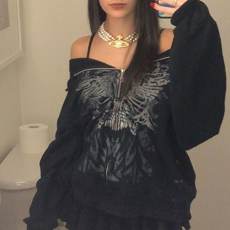 Women's Printed Zipper Long Sleeve Hooded Sweater Cardigan Coat