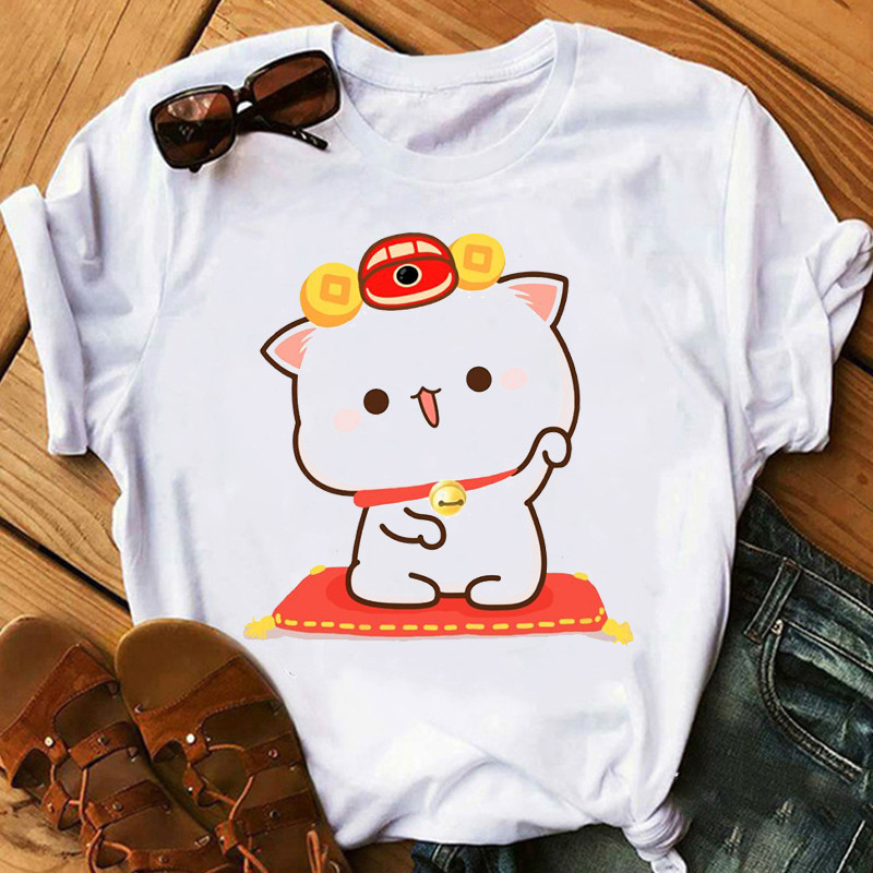 Title 4, Cute Cartoon Cat Print Couple White T-shirt Loo...