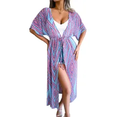 Women's Resort Style Casual Lace-up Printed Chiffon Cardigan - Blue - View 1