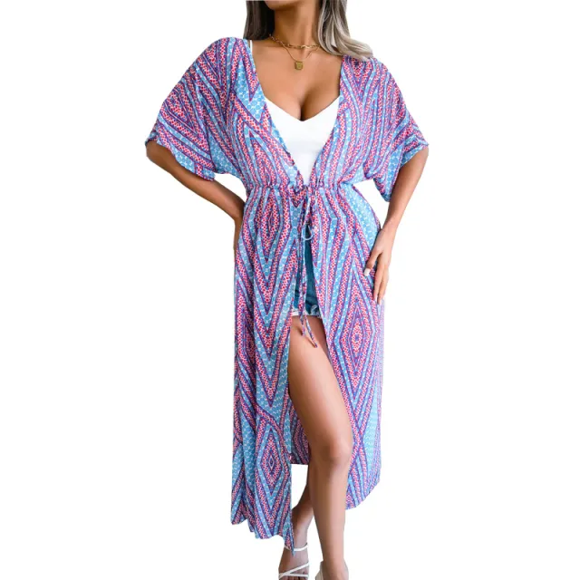 Women's Resort Style Casual Lace up Printed Chiffon Cardigan Blue - Shop at LoveMi