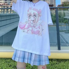 Girly Print Short-sleeved Loose-fitting Soft Girl - White - View 1