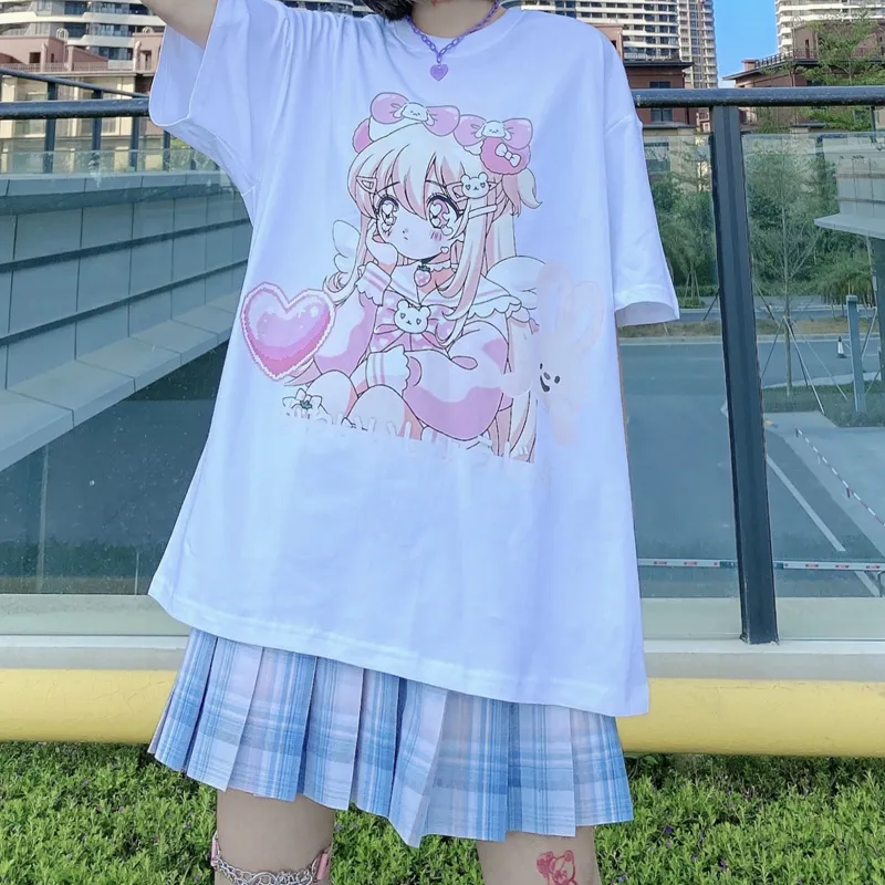 Girly Print Short-sleeved Loose-fitting Soft Girl - White