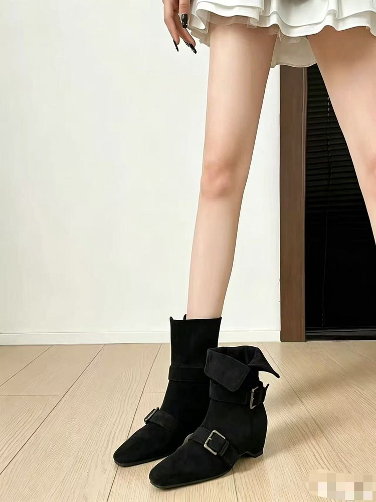 New Retro Women Western Mid-Calf Boots With Belt Buckle, Foldable Two-Way Wear Fashion Boots