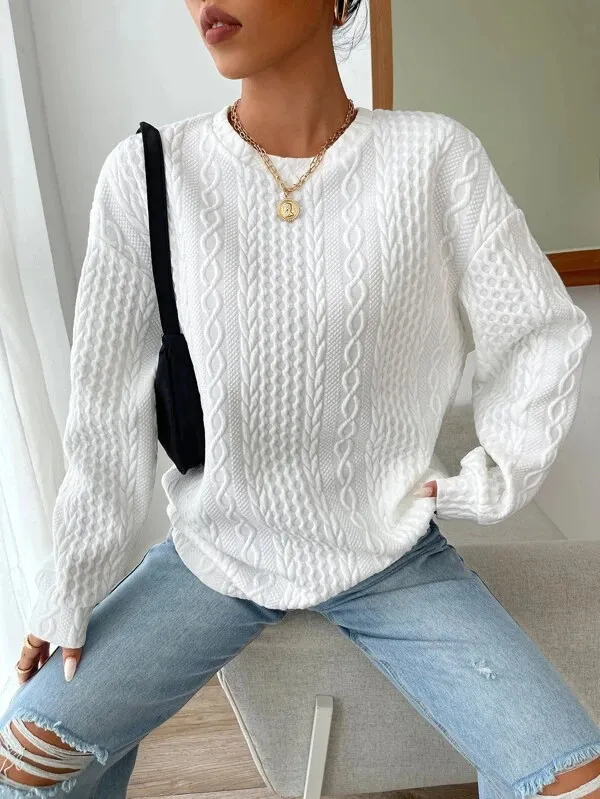 Women's Casual Jacquard Oversized Round Neck Hoodie White - Shop at LoveMi