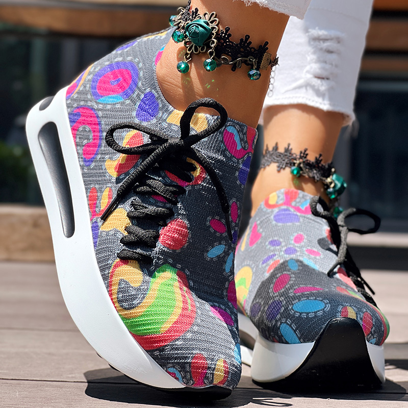Women's Random Print Side Lace-Up Elastic Sport Shoes, Comfortable Slip-On Sneakers For Women, Casual Daily Wear Footwear — foto 5