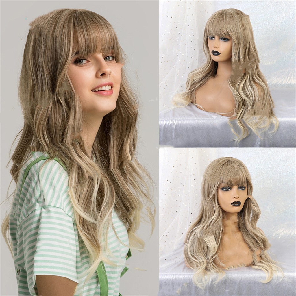 High Temperature Silk Wig With Long Curly Bangs Khaki - Shop at LoveMi