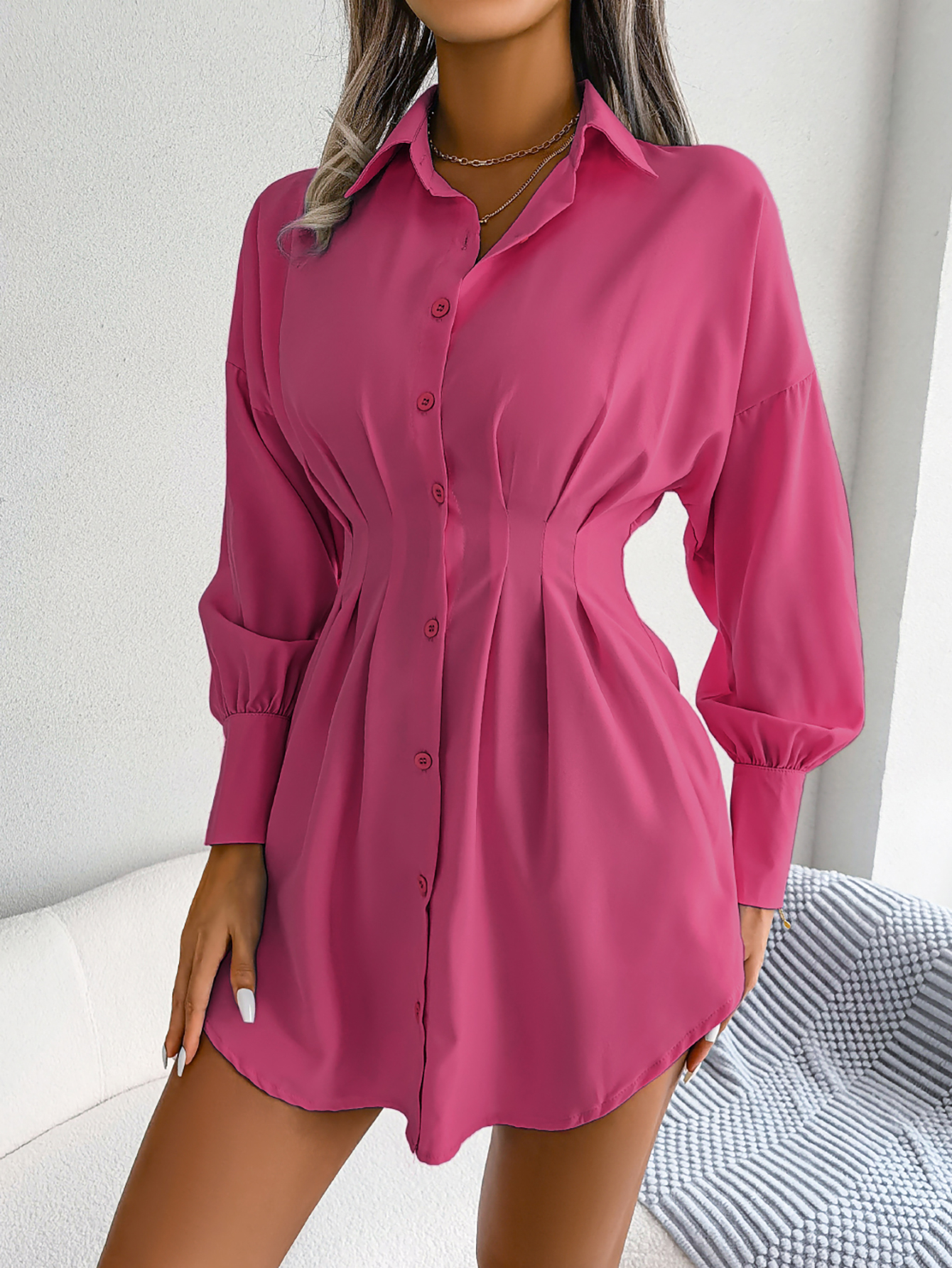 Women  Casual Lantern Sleeve Tie Waist Asymmetric Shirt Dress