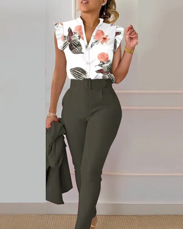 Printed Ruffle Sleeve Top Solid Color Pants Suit With Belt Military Green - Shop at LoveMi
