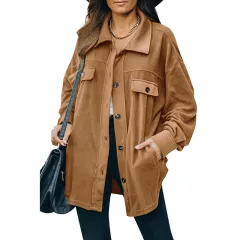 New Lapel Fleece-breasted Cardigan Jacket Shirt - Caramel-S - View 1