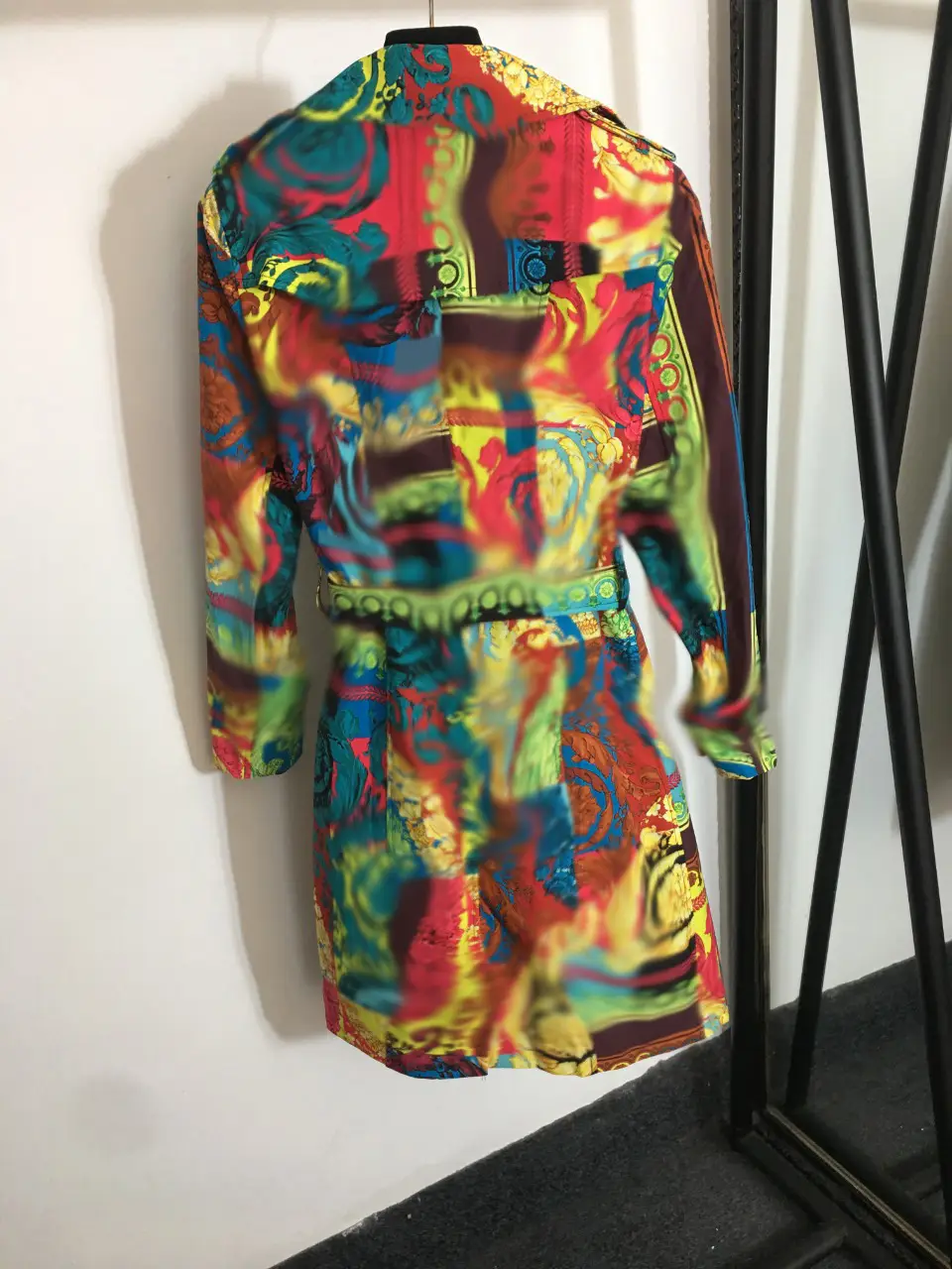 Retro Printed Suit Neck Belt Waisted Long Sleeve Dress