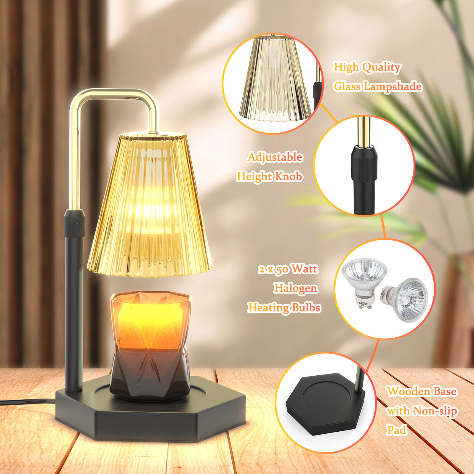 Dimmable Candle Warmer Lamp with Timer. Retro-style Candle Warmer Lamp: Our candle warmer lamp has a combination of amber glass shade and black wooden base, uniquely designed hexagonal base to add an artistic touch and can decorate your room well.( Candle