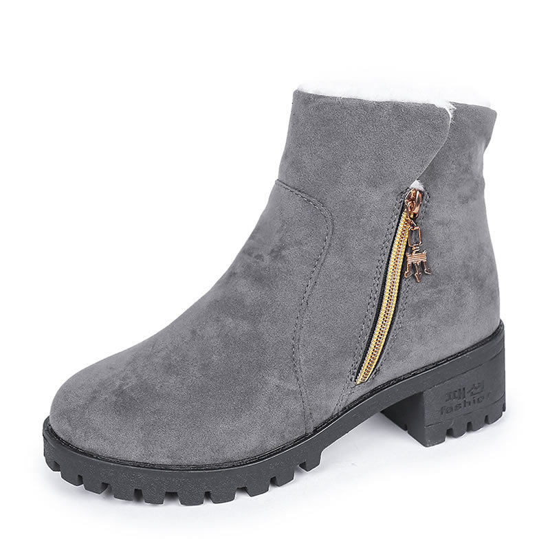 Title 4, Short Suede Side Zip Student Thick Mid-Heel Boots