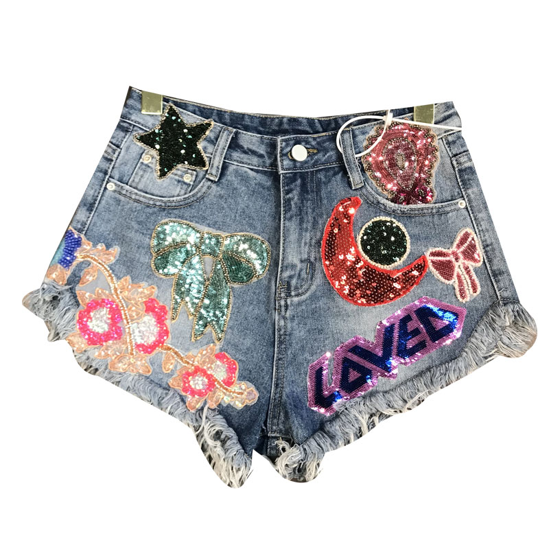 Women's Fashion Moon Star Sequins Heavy duty Patch Denim Shorts Light Blue - Shop at LoveMi