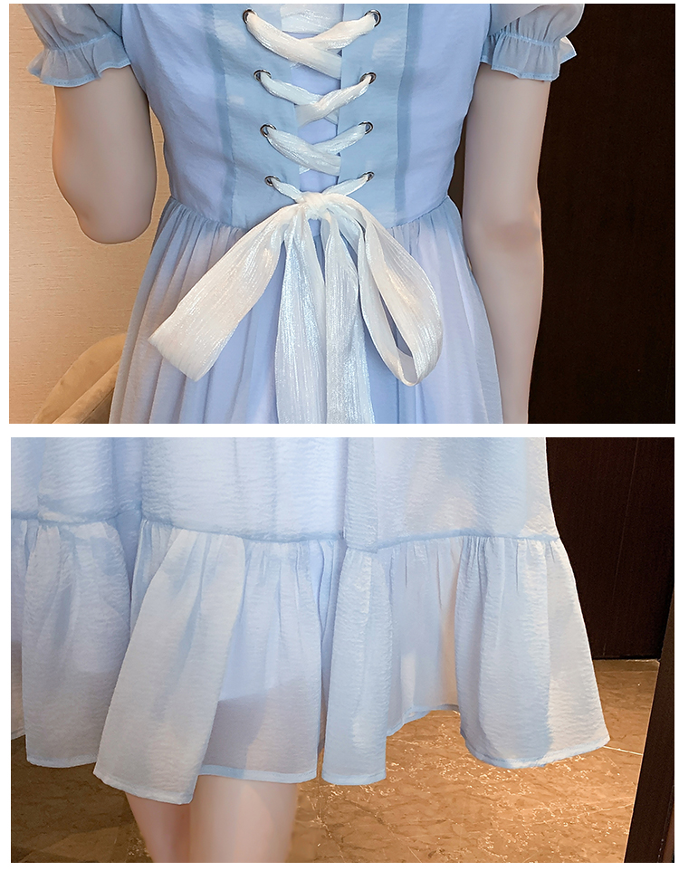 Temperament Square Neck Short Sleeve Waist Long Dress