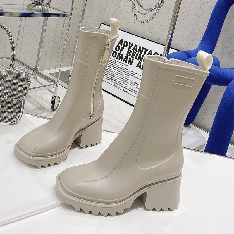Fashion Square Toe Solid Color All-match Zipper To Increase The Tide Of Thick-soled Mid-tube Rain Boots