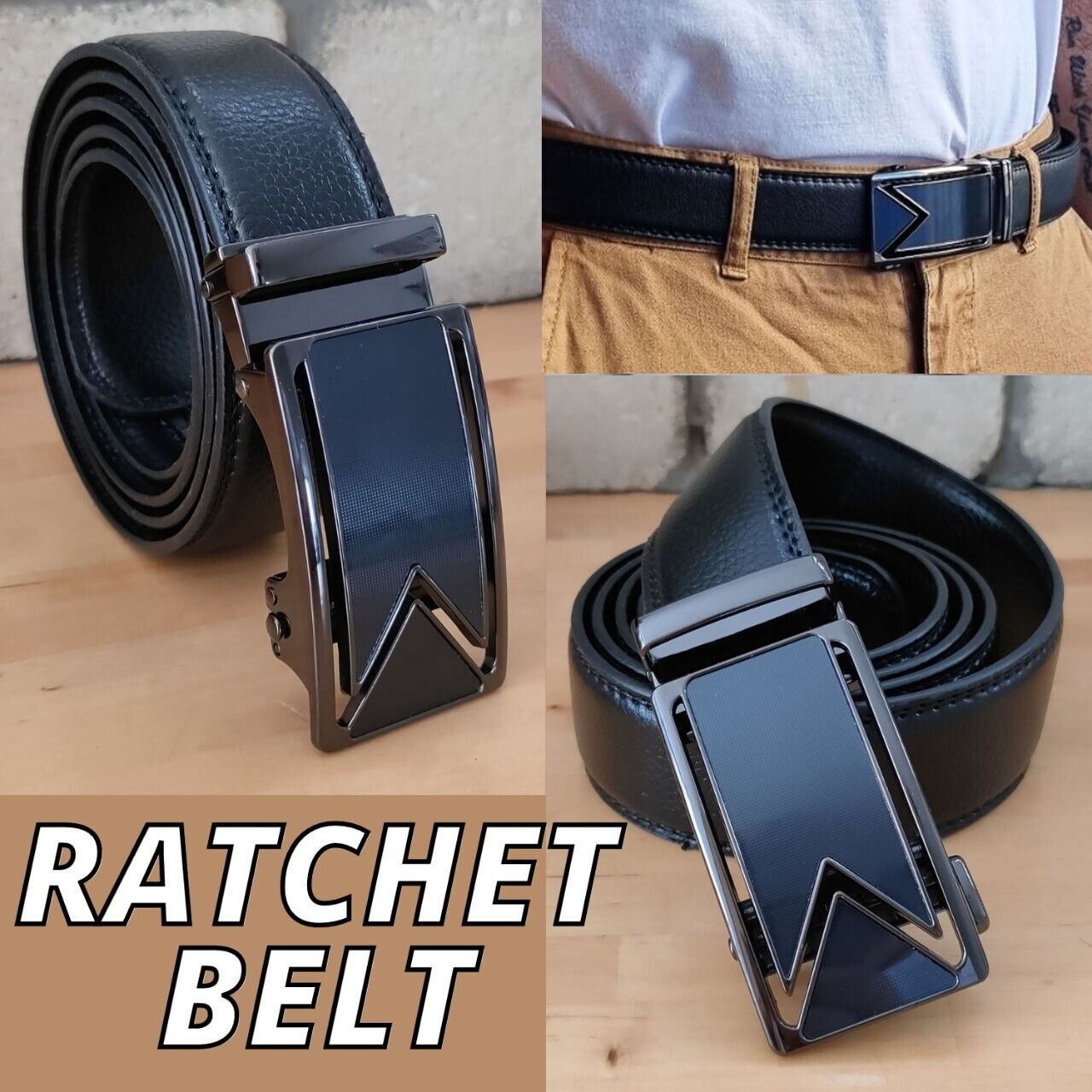 Slide Buckle Ratchet Belt - Genuine Leather - USA. We ship only inside the US, USPS First Class Package, 2 Day Handling, 2-5 Day Shipping. Microfiber PU Leather Ratchet Belt Belts For Men Adjustable Size with Automatic Slide Buckle No Holes by SHAVIT. Rat