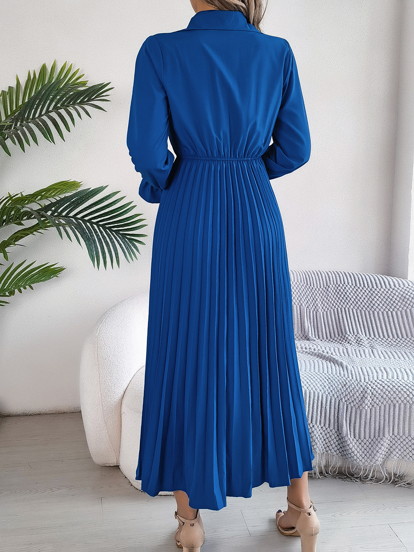 Women’s Casual Lapel Button Long Sleeve Tie Waist Pleated Maxi Dress