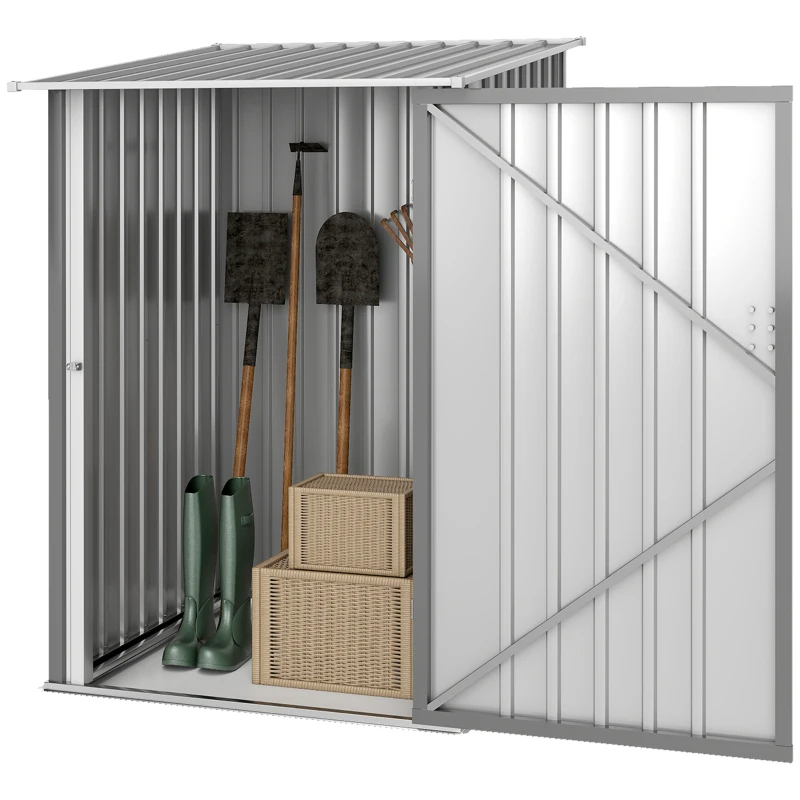 Lean-to Garden Storage Shed, Galvanized Steel Tool House With Lockable Door For Patio, Gray