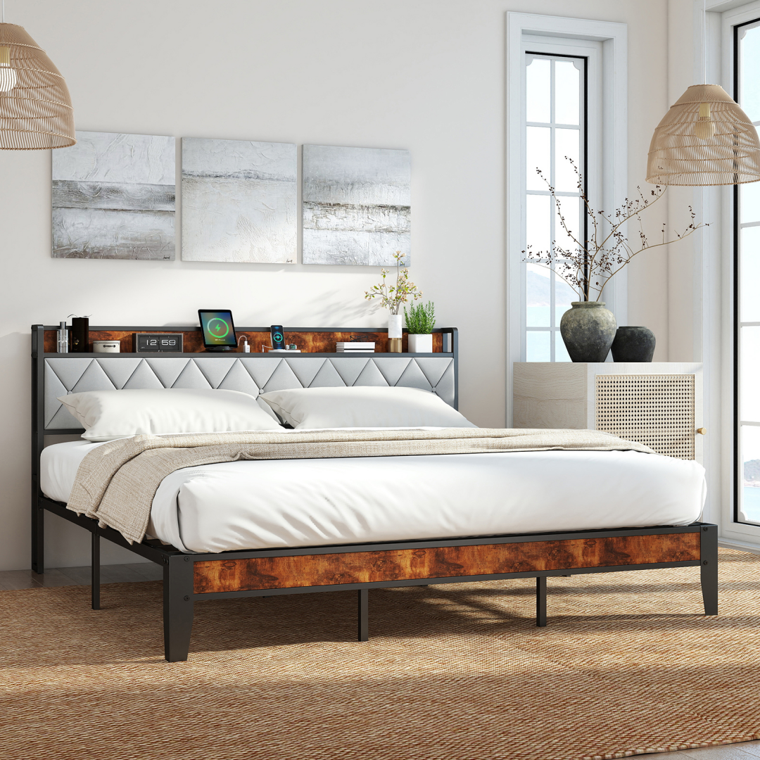 Soft-padded Headboard With Storage, Charging Port, Iron Frame Bed_voghion.com