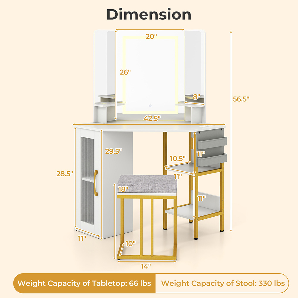 Corner Vanity Desk With Mirror And Lights Makeup Dressing Table With Triple Mirror 4