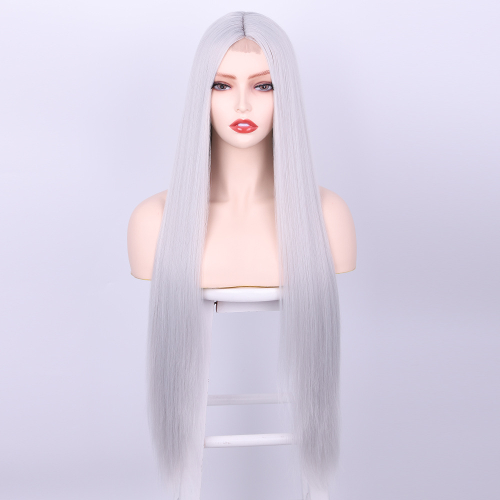 Front Lace Long Straight Hair Chemical Fiber Wig Silver Grey - Shop at LoveMi
